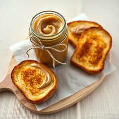 Creamy spread on toasted bread slices with jar peanut butter breakfast