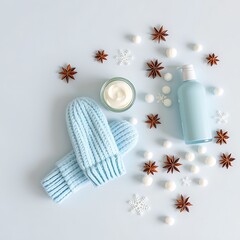 Cozy winter skincare essentials with blue mittens cream lotion