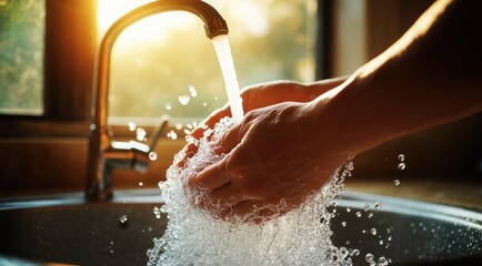 Fototapeta premium Washing hands under running tap water in the kitchen sink at home