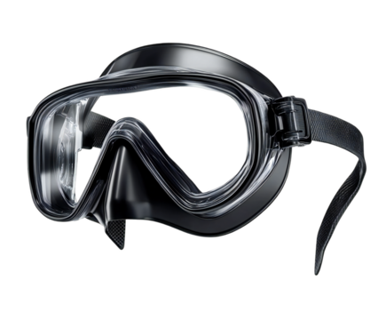 Sleek black freediving mask with clear lens designed for underwater exploration, presented on transparent background