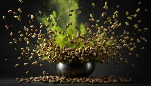 Explosion of pistachios with bright green powder erupts from metal bowl against dark background. Many shelled nuts fly in different directions, creating dynamic, energetic food display. Macro shot