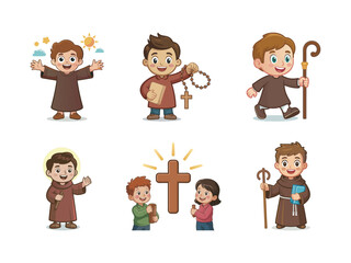 Fototapeta premium Boys and girls in religious attire with symbolic objects brown robes