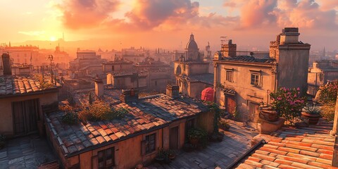 Obraz premium Scenic Sunset Over Italian Rooftops in Old City