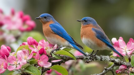 Pair of Eastern Bluebirds, male and female, perched together on blooming tree branch surrounded by spring blossoms in natural outdoor setting. Symbol of love, renewal, and vibrant wildlife season