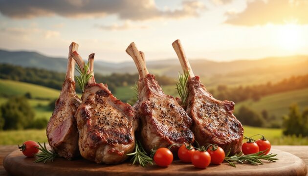 Freshly grilled lamb chops seasoned with herbs, pepper presented on wooden board with cherry tomatoes. Succulent meat with visible bone, ideal for barbecue, cooking preparation, or rustic meal themes.