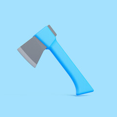 3D axe with blue handle standing on blue background, minimal tool illustration