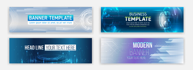 Set of modern tech banners with abstract digital and circuit designs in blue tones. Perfect for business, innovation, and technology-themed presentations or websites.