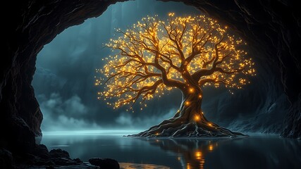 Enchanted glowing tree in dark cave with misty water lights branches