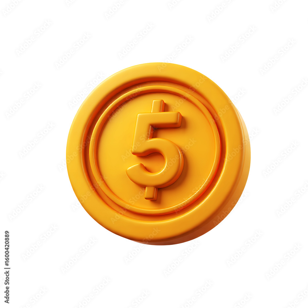 Poster a single golden coin with a dollar sign and the number five on transparent background