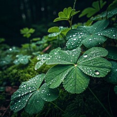 Lush Green Leaves Covered in Dew Droplets Against a Dark Background in a Natural Setting