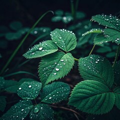 Lush Green Leaves Covered in Dew Droplets Against a Dark Background in a Natural Setting