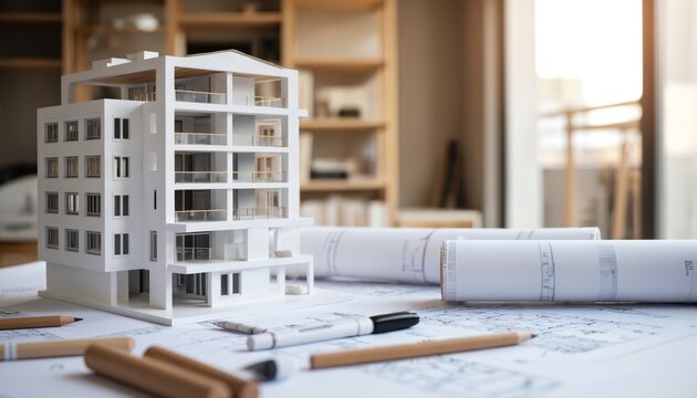 Modern building model and architectural blueprints laid out on a desk with drafting tools. Pro design project for construction, real estate development, and engineering.