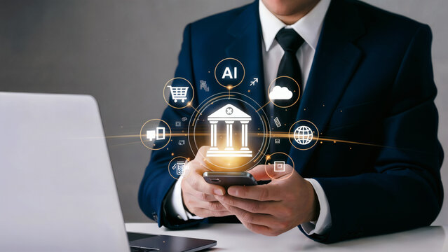 Businessman using AI banking technology on smartphone with modern financial icons, global access - Powered by Adobe