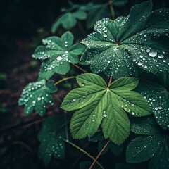 Lush Green Leaves Covered in Dew Droplets Against a Dark Background in a Natural Setting