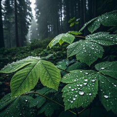 Lush Green Leaves Covered in Dew Droplets Against a Dark Background in a Natural Setting