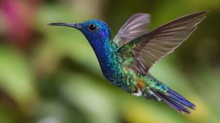 Obraz premium Golden-tailed Sapphire hummingbird male with shimmering feathers , outstretched wings hovering mid-air against green foliage and blue background. Vivid wildlife, tropical bird, nature, motion concept