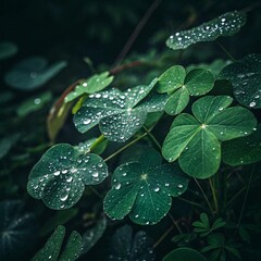 Lush Green Leaves Covered in Dew Droplets Against a Dark Background in a Natural Setting