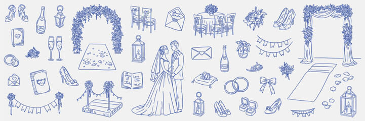 Hand drawn wedding clipart set with dresses, rings, cake, decor, and couple. Romantic linear bridal collection on soft background.