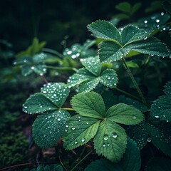 Lush Green Leaves Covered in Dew Droplets Against a Dark Background in a Natural Setting