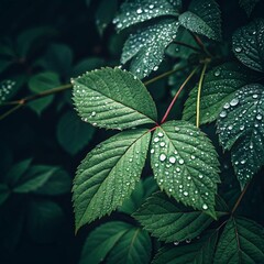 Lush Green Leaves Covered in Dew Droplets Against a Dark Background in a Natural Setting