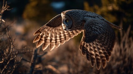 Majestic great gray owl (Strix nebulosa) flying low through misty forest in soft morning light, wings spread wide. Rare bird of prey in motion showcasing natural grace and silent hunting flight
