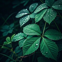 Lush Green Leaves Covered in Dew Droplets Against a Dark Background in a Natural Setting