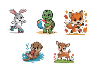 Cute cartoon animals enjoying activities rabbit roller skates
