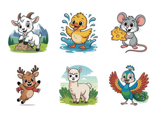 Naklejka premium Cute cartoon animals playing in nature goat duckling