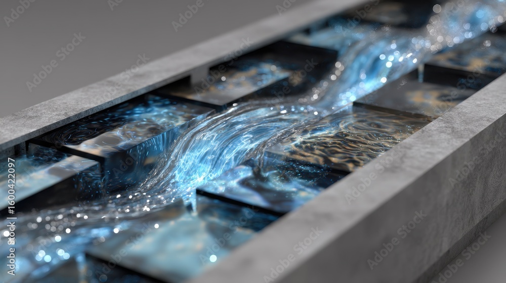 Poster clean water flows through a modular desalination device, showcasing the integration of graphene memb