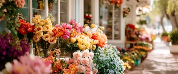 Vibrant Floral Display at a Sunny Flower Shop: A profusion of colorful artificial flowers in various arrangements adorns the storefront, creating a cheerful and
