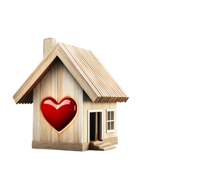 Adorable wooden house with a red heart symbol, radiating warmth and love, presented on transparent background - Powered by Adobe