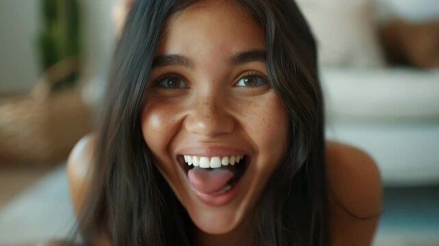 A spirited person with a beaming smile and playful tongue expression, showcasing a joyful human moment