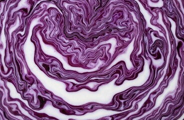 Macro shot of purple cabbage organic swirling patterns of white, violet. Close-up texture displays natural lines, veins, offering vibrant, abstract background for health foods, vegetarian recipes.