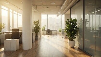 Bright modern office interior with floor to ceiling windows cityscape, natural light. Features sleek desks, chairs, potted plants, creating pro workspace environment. Suitable for corporate,