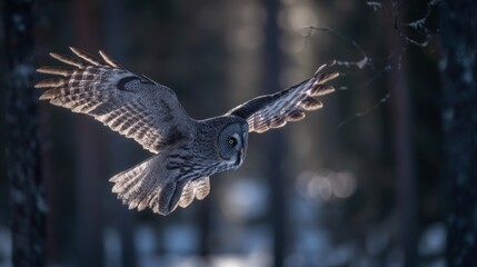 Obraz premium Majestic great gray owl (Strix nebulosa) flying low through misty forest in soft morning light, wings spread wide. Rare bird of prey in motion showcasing natural grace and silent hunting flight
