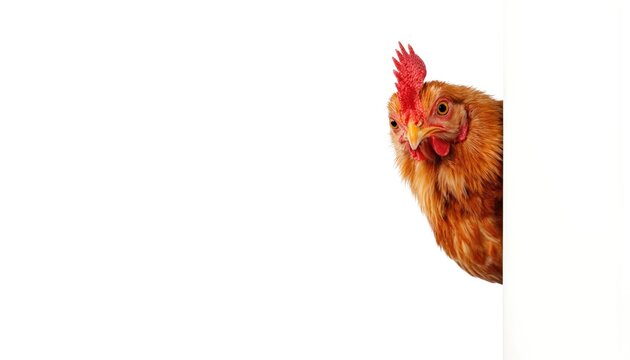 Funny chicken peeks around corner. Domestic fowl with curious expression, brown feathers, red comb. Isolated on white background, ready for humor, barnyard, or farm themes. Adorable bird. - Powered by Adobe