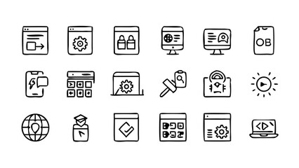 A line-style set of digital marketing web icons. Social media, networking, feedback, communication, marketing, and e-commerce. Vector illustrations.