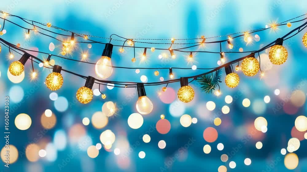 Poster a charming string of glowing warm illuminations creating a festive ambiance against a shimmering blu