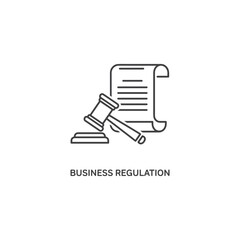 Vector art of business regulation is illustrated with a gavel and a document