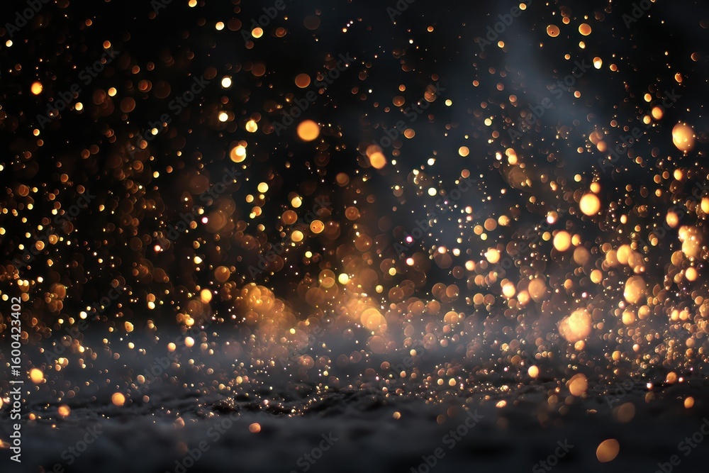 Poster golden bokeh light sparkles, falling on a dark surface with hazy smoke. great for adding a magical, 