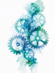 Watercolor painting featuring an arrangement of gears in shades of blue and green on white background