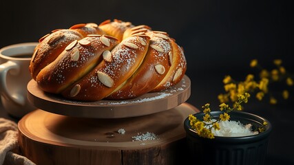 Golden braided bread with almonds and powdered sugar coffee cup yellow flowers
