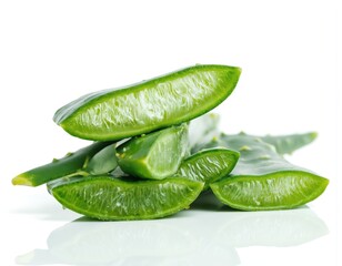Close-up of fresh aloe vera slices stacked on a white background. Green succulent plant leaves show inner gel texture. Ideal for health, beauty, and herbal remedy concepts.