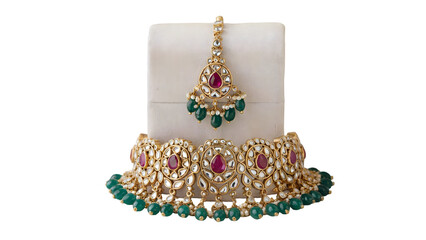 Ornate gold choker necklace with matching pendant adorned with ruby and emerald gemstones image downlod