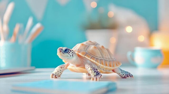 Adorable tiny turtle exploring a pastel blue workspace, illuminated by gentle bokeh lights