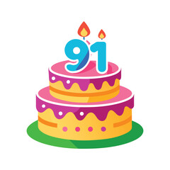Festive two tier birthday cake with flaming candles and decorative elements celebration number ninety one