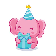 Hand drawn cute cartoon character elephant birthday bring a blue gift vector illustration for elements and clipart