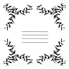 frame in abstract shape made of small branches with leaves poorly printed texture, with worn-out print, grunge. illustration with stripes writing. template for notebooks, sketchbooks as the main page