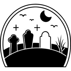 Graveyard scene line art vector illustration