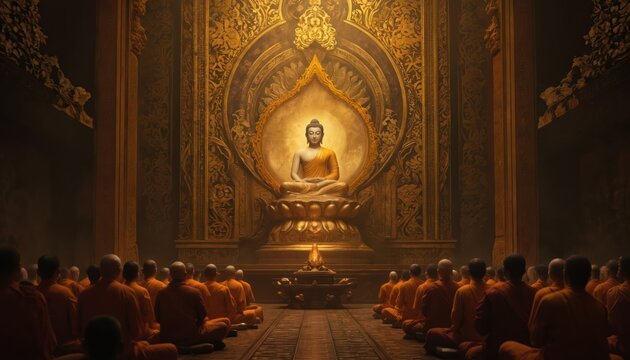 Golden Buddha statue presides over meditating monks in ornate temple interior. Monastics in saffron robes practice mindfulness, seeking enlightenment, spiritual harmony. Scene evokes deep calm,
